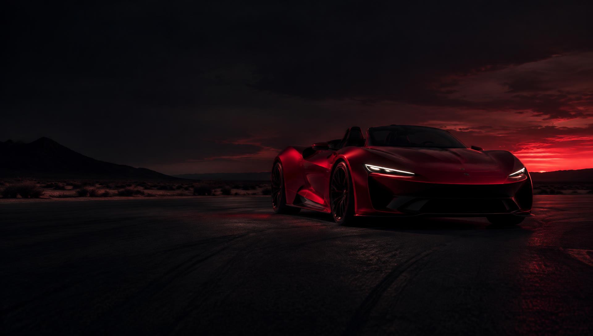 A red electric roadster on a desert test track at dusk